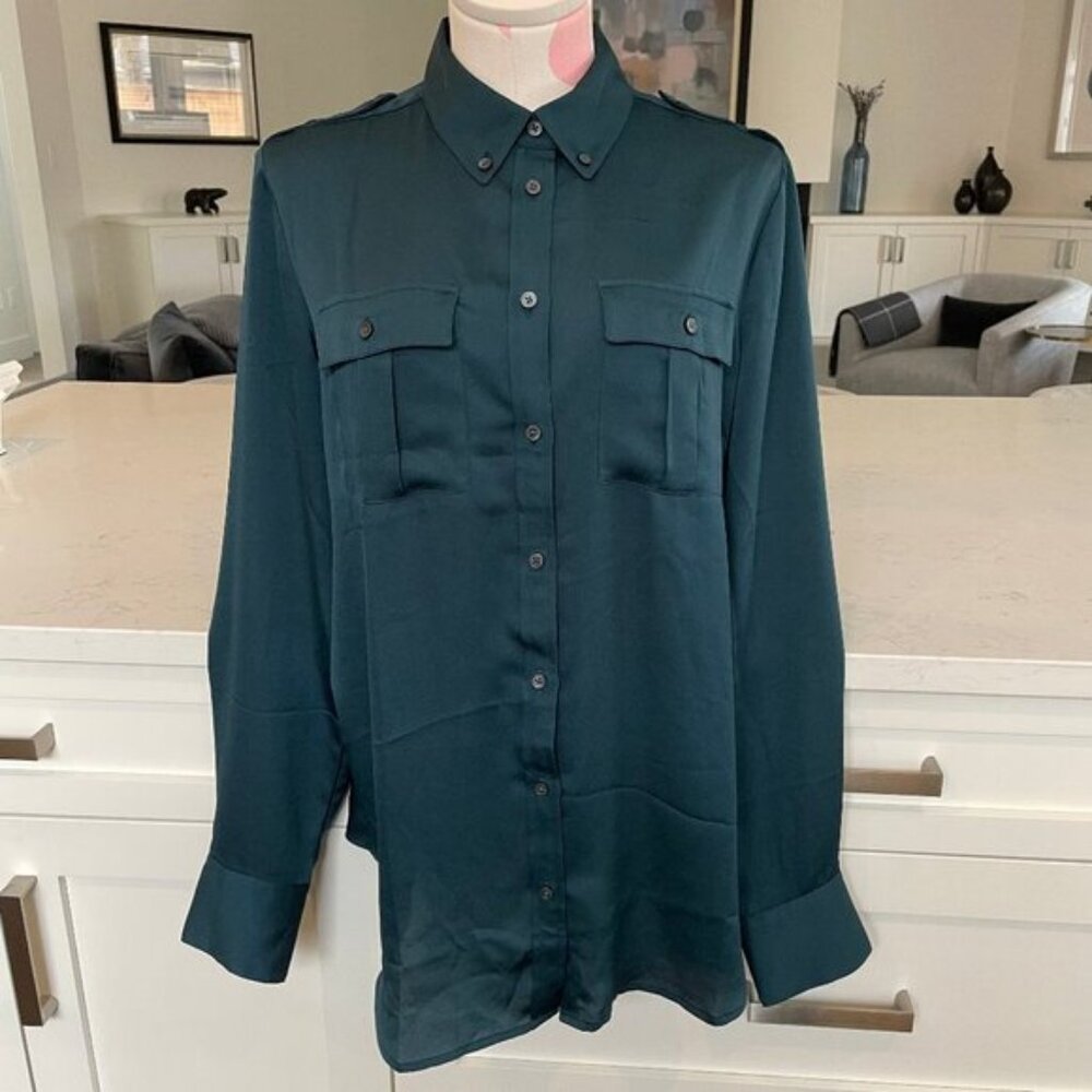 Banana Republic Dillon Utility Button Down LS Polyester Blouse Loch Green Sz M